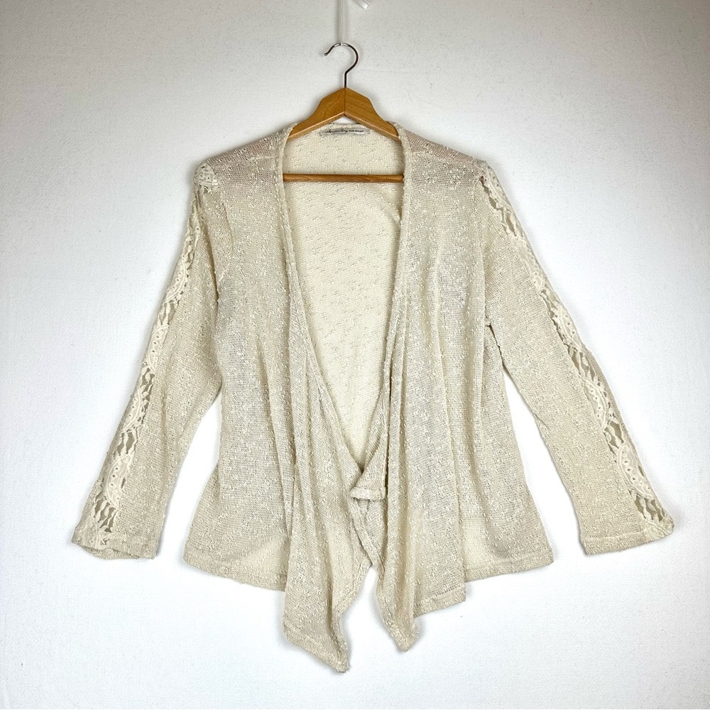 Americanโ Rag Sheer Open Front Cardigan with Lace Sleeve Boho